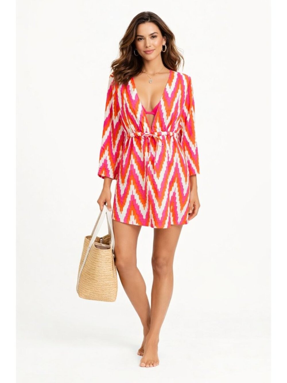 Talbots 100% Linen Swim Cover Up Pink Orange White Chevron Deep V-Neck Women M